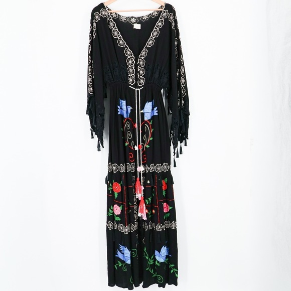 Free People Dresses & Skirts - Free People Fillyboo Embroidered Dress Maxi Boho Festival Kimono XS 100% Rayon